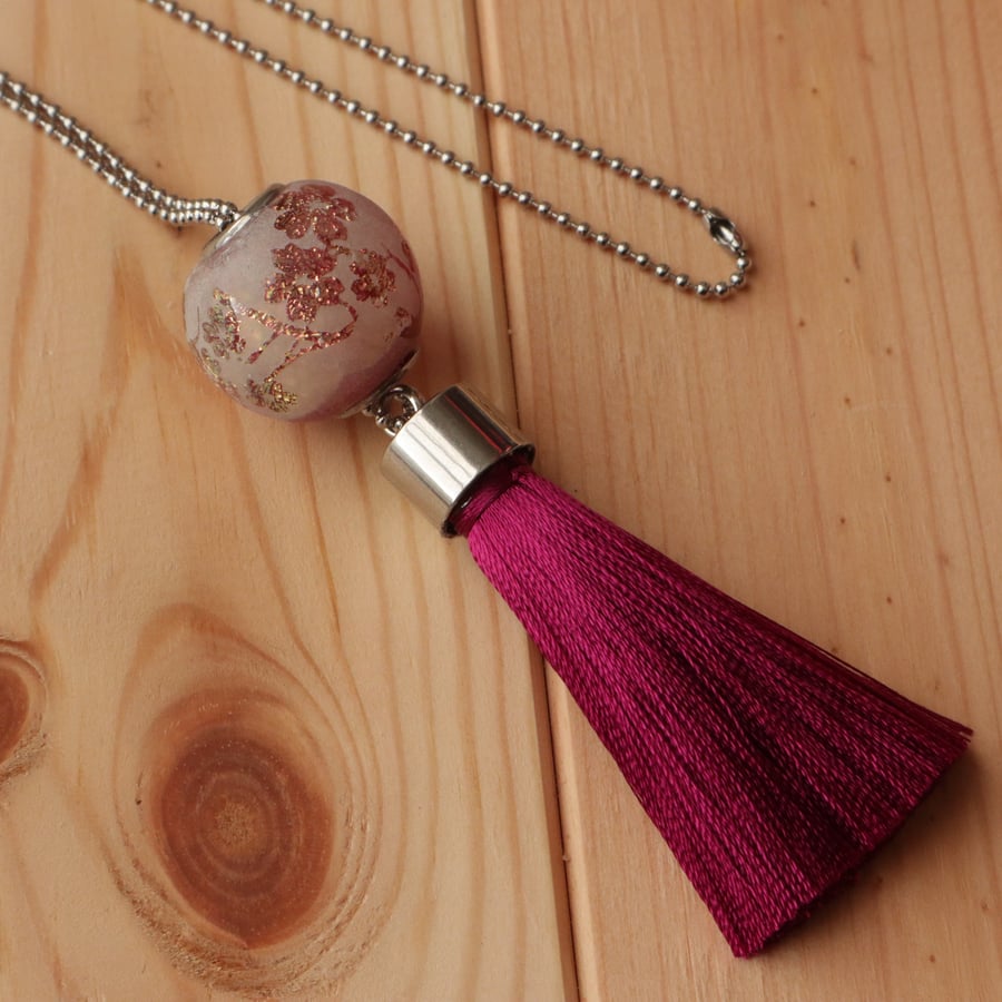 Cherry Blossom Tassel Long Necklace Dichroic Glass Bead on Stainless Steel Chain