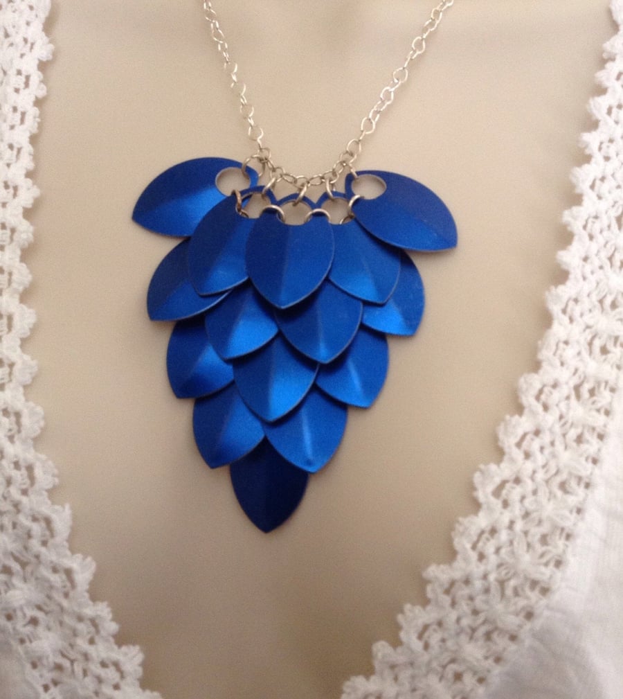 Blue Bib Necklace, Scale Maille Bib Necklace, Statement Necklace