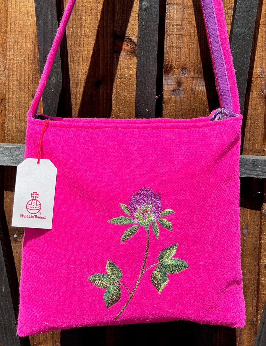The Clover Bag - Cerise Pink Harris Tweed Embroidered Shoulder or Crossbody Bag 