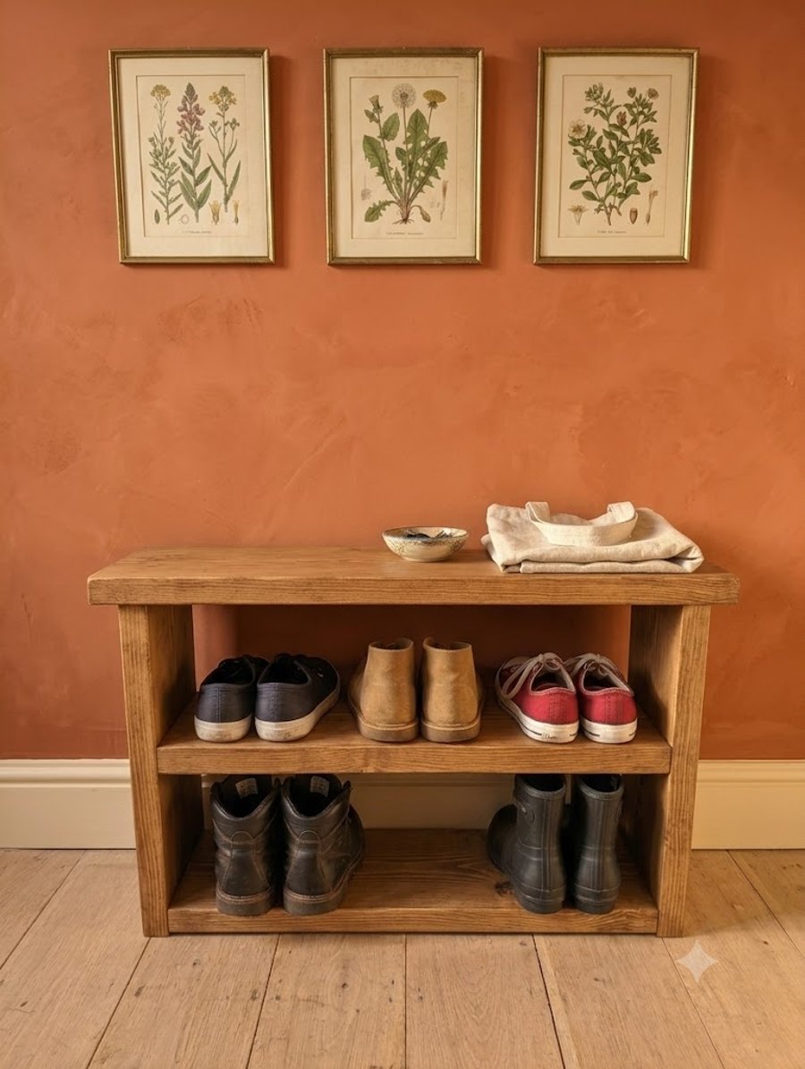 Handmade Rustic Solid Wood Shoe Rack – Reclaimed Timber Shoe Storage Bench