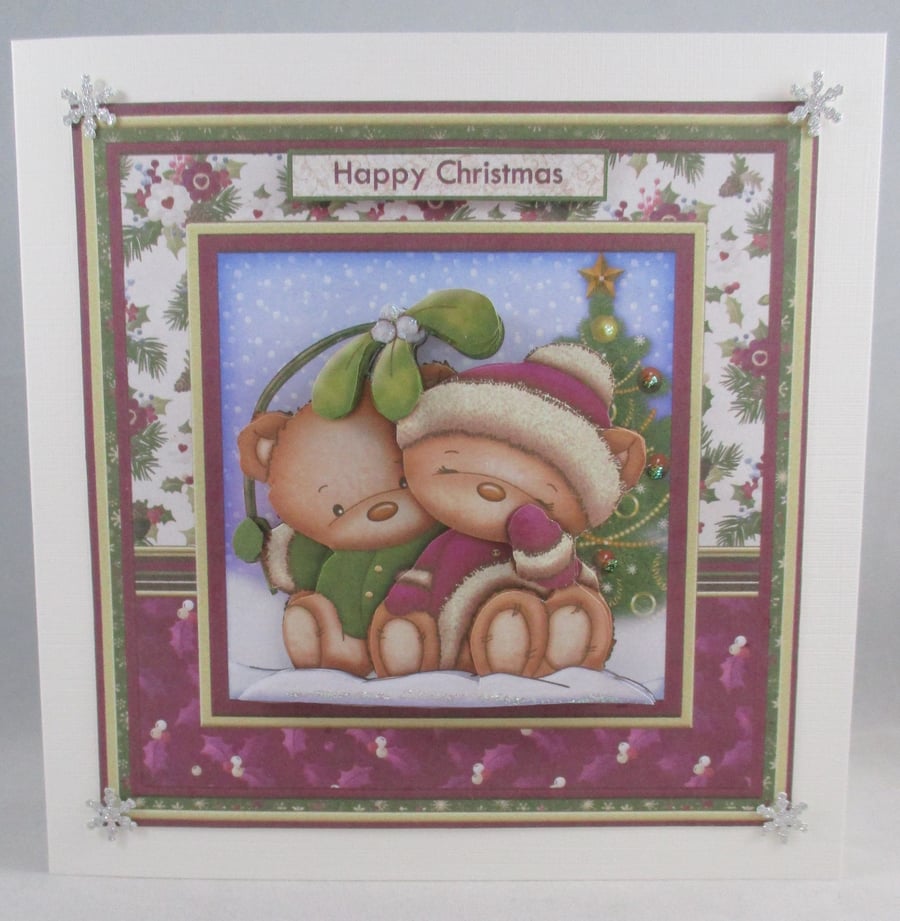 Handmade Decoupage,3D Cute Bears under mistletoe Christmas Card,Personalise 