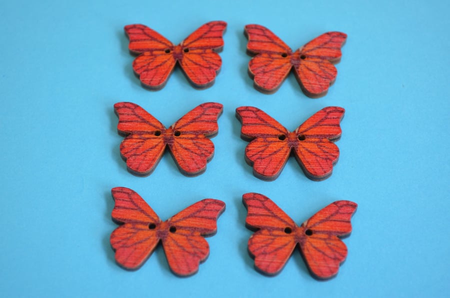 Wooden Butterfly Buttons Red Orange6pk 28x20mm (B3)