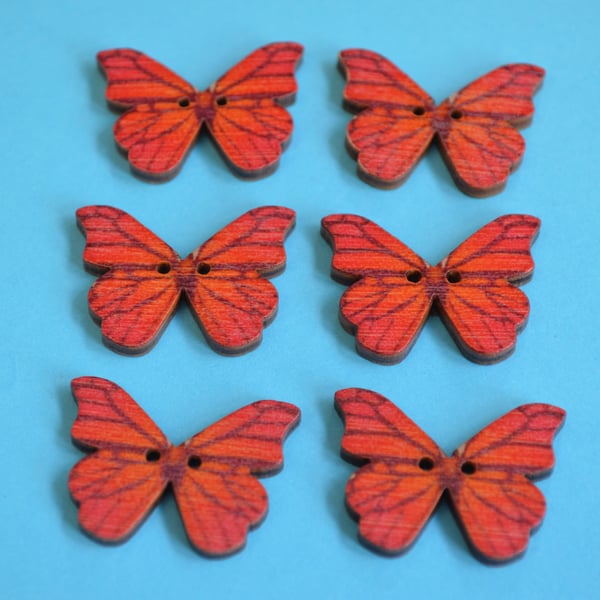 Wooden Butterfly Buttons Red Orange6pk 28x20mm (B3)