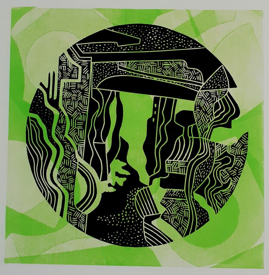 Underworld- linocut over monoprint.