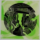 Underworld- linocut over monoprint.