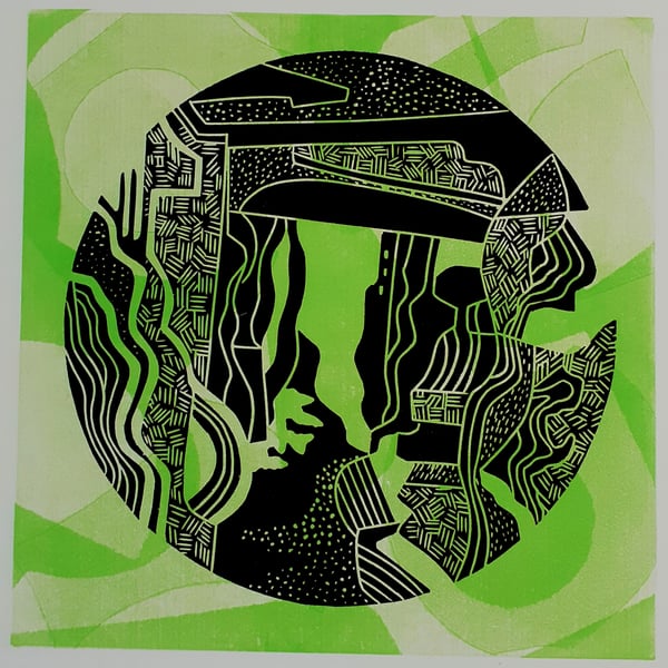 Underworld- linocut over monoprint.