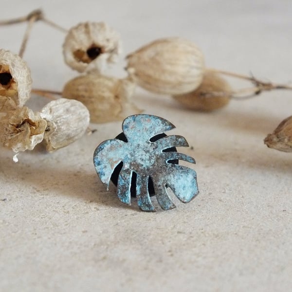 Patinated copper monstera leaf pin; hand cut botanical brooch