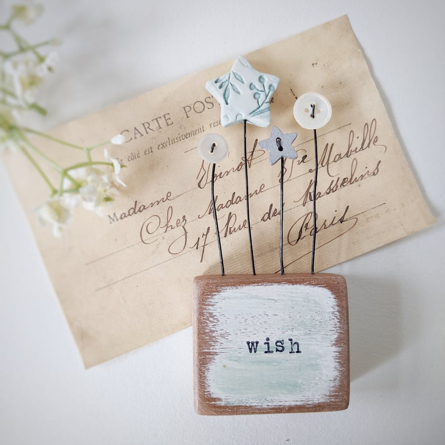 Clay Star and Buttons in a Painted Wood Block 'Wish'