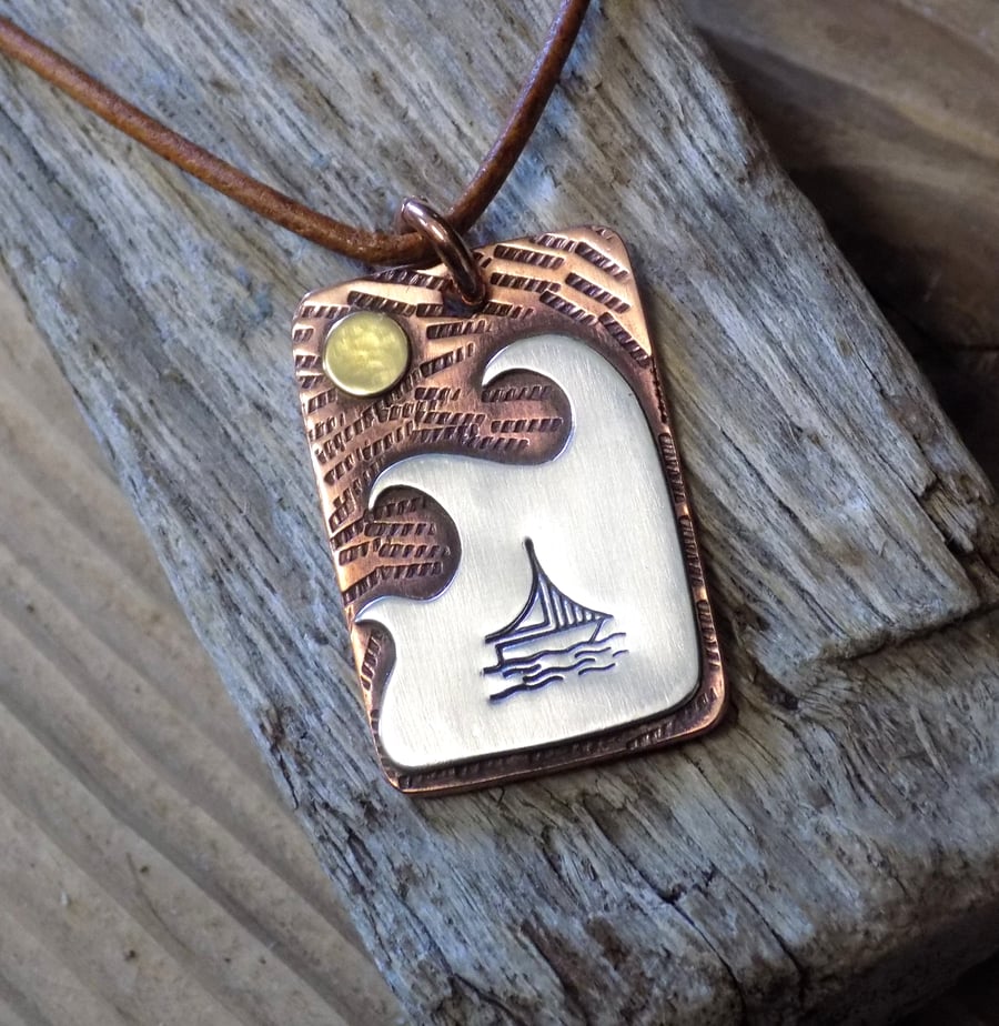 Copper and sterling silver mixed metals 'high seas II' scene pendant 