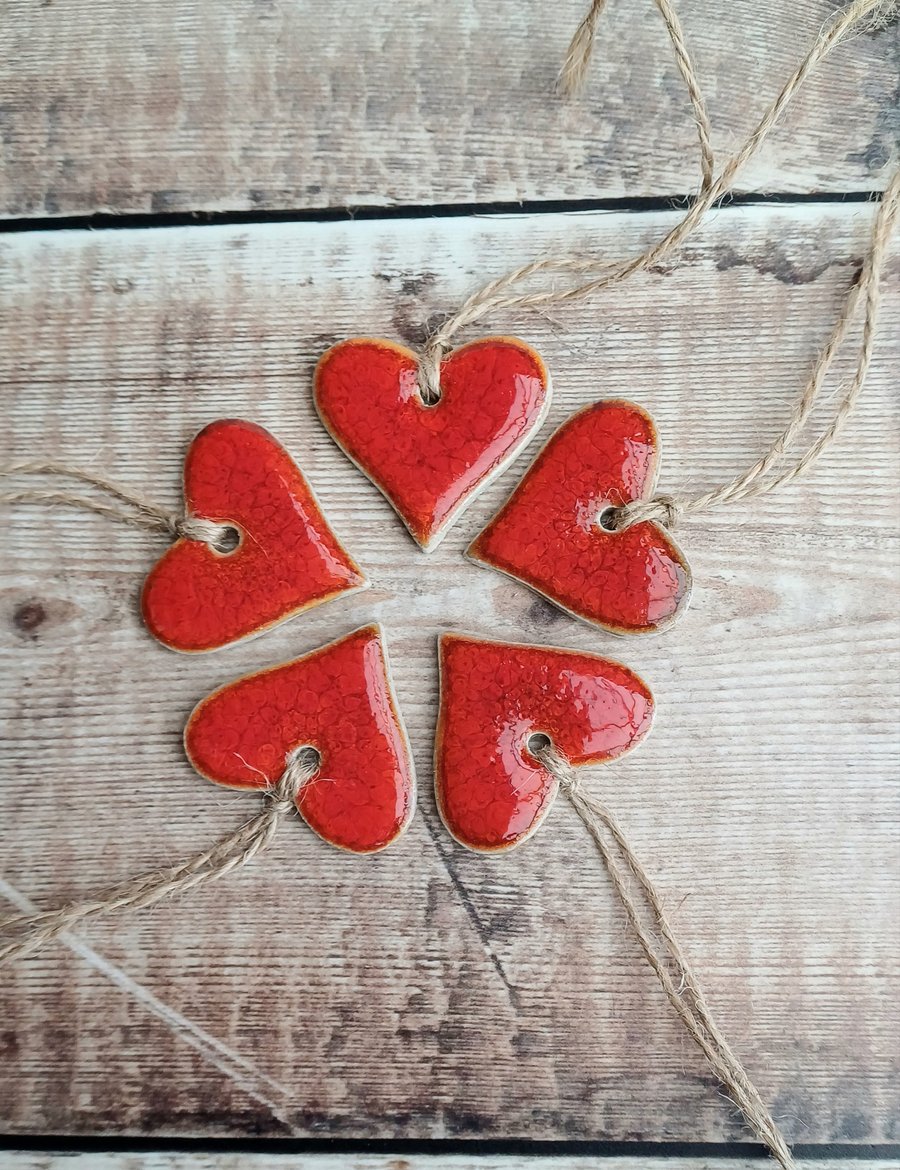 Little Red Hearts set of 5 . Ceramic heart decorations 