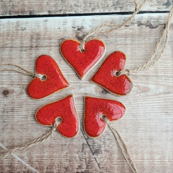 Little Red Hearts set of 5 . Ceramic heart decorations 
