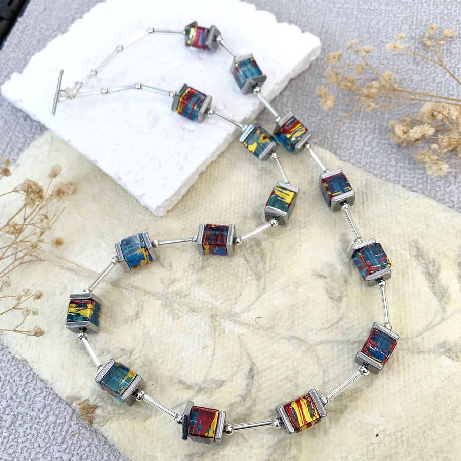 Mixed Colour Glass Cube Bead Necklace and Earrings Set