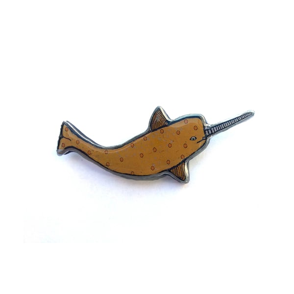 Whimsical colourful Mustard Yellow Narwhal  Brooch by EllyMental