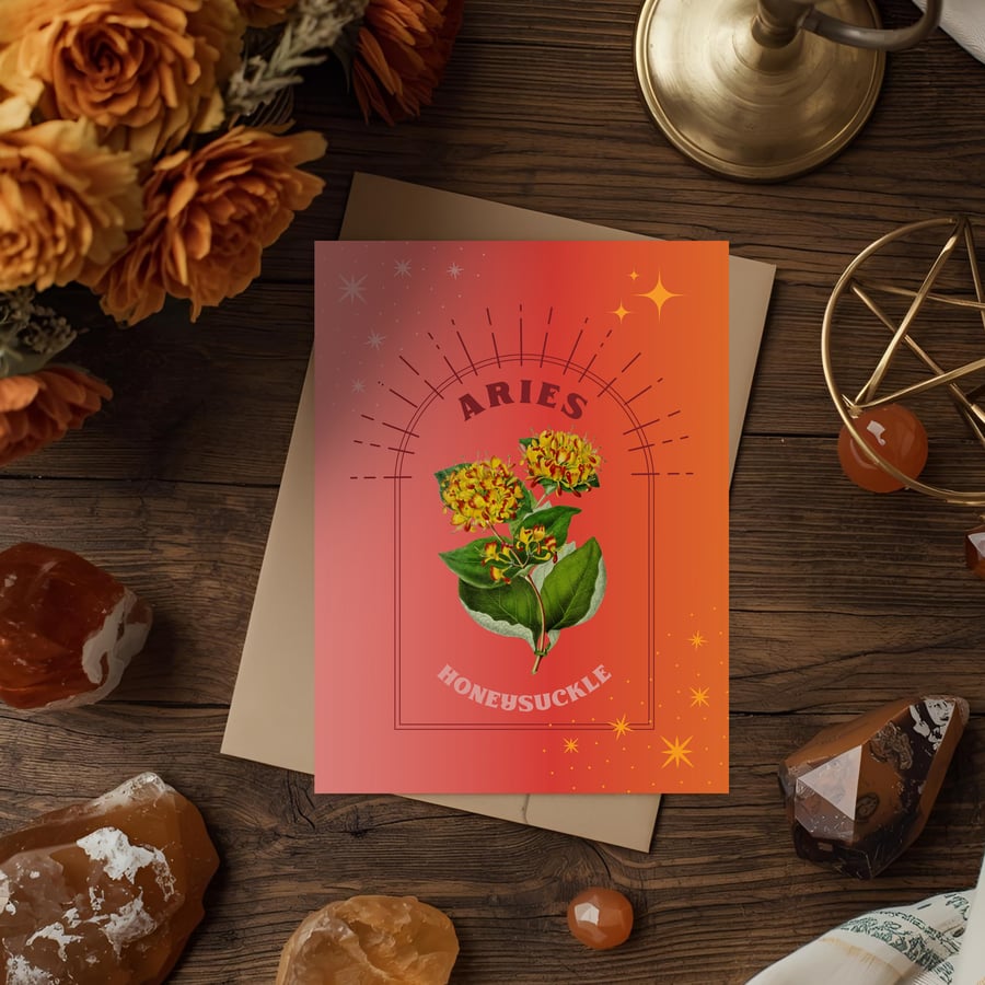 Aries Zodiac Flower Card. Honeysuckle. Birthday Card for Mar 21 – Apr 19