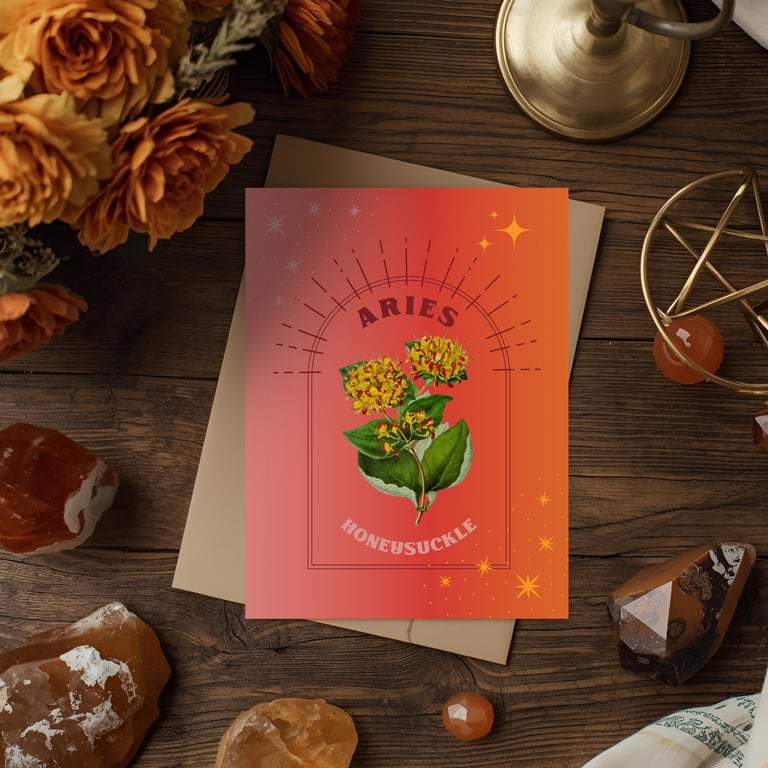 Aries Zodiac Flower Card. Honeysuckle. Birthday Card for Mar 21 – Apr 19