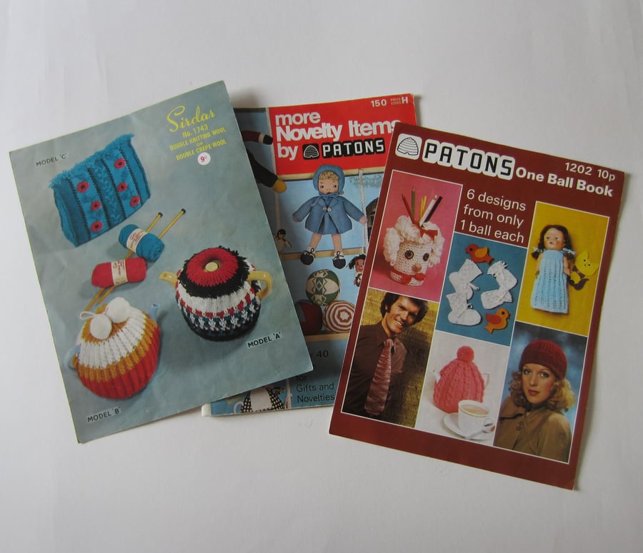SALE 3 Vintage Knitting Patterns. Patons One Ball, Novelty Items, Sirdar Cosies