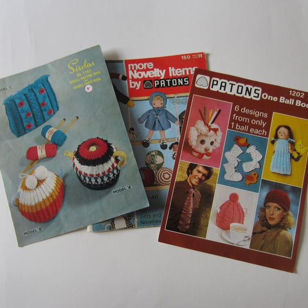3 Vintage Knitting Patterns. Patons One Ball, Novelty Items, Sirdar Tea Cosies