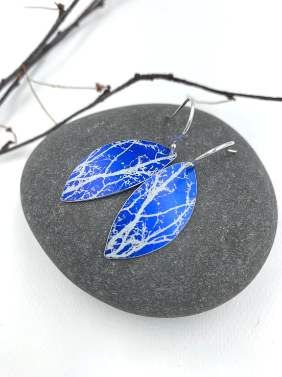 Blue  aluminium winter tree earrings.