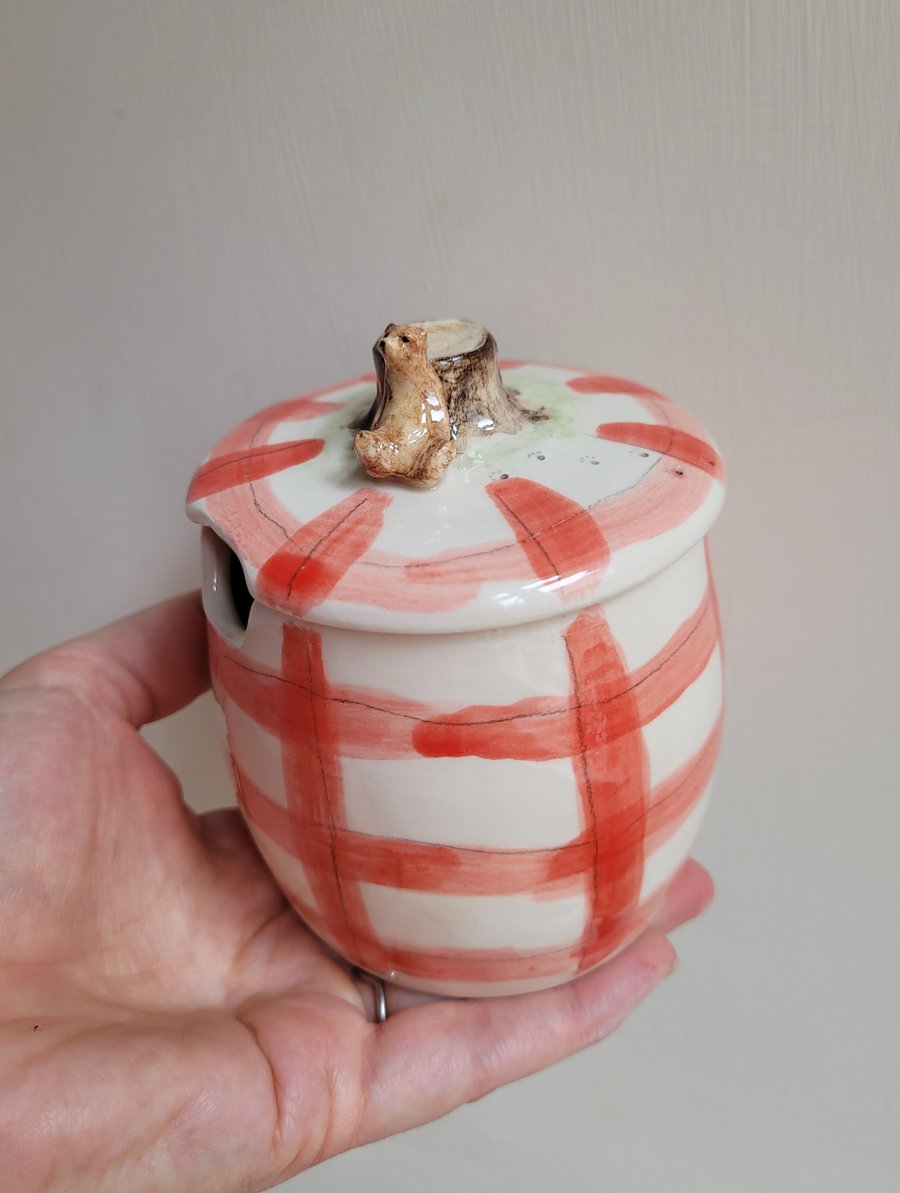Brown bear and red gingham honey pot whimsical hand made pottery jar