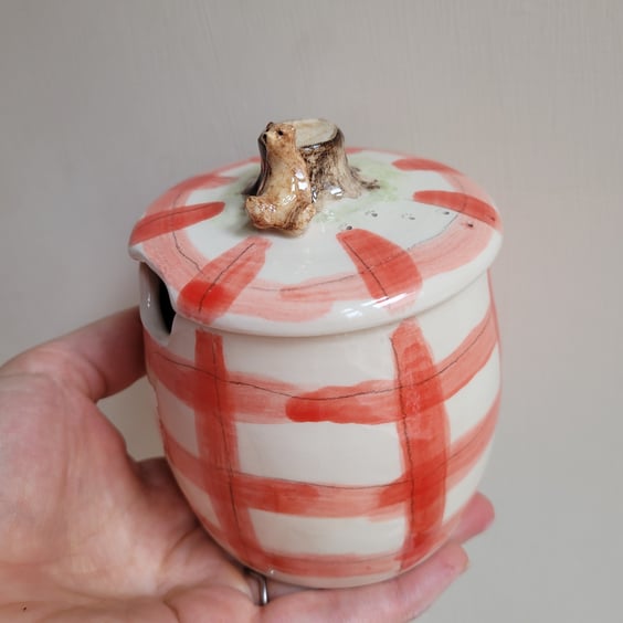 Brown bear and red gingham honey pot whimsical hand made pottery jar