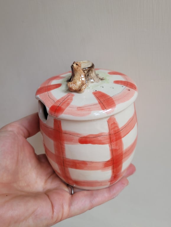 Brown bear and red gingham honey pot whimsical hand made pottery jar
