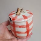 Brown bear and red gingham honey pot whimsical hand made pottery jar