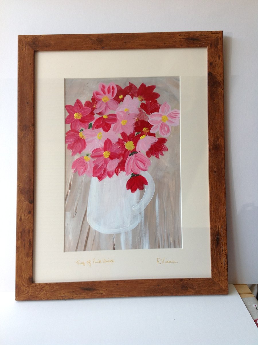 acrylic painting white jug and pink daisies