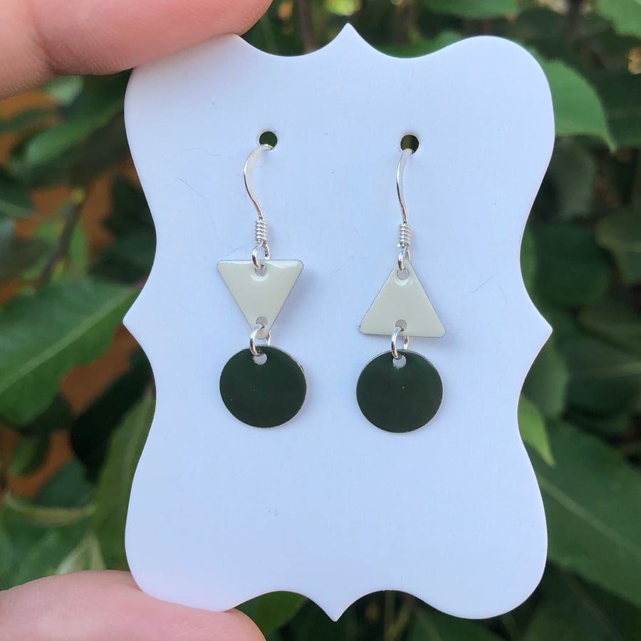 Topsy-turvy Hand enamel earrings. Green & cream enamel earrings. 