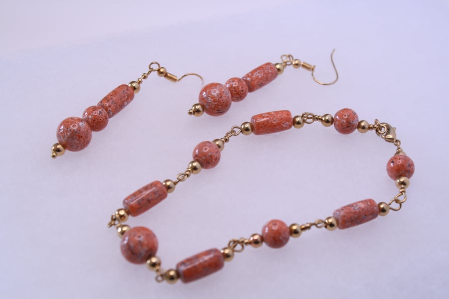 Coral Glass and Gold Bracelet and Earring Set
