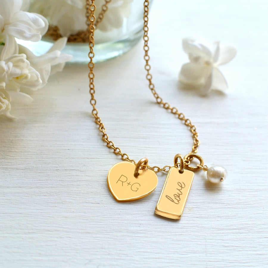 Personalised Gold Tiny Heart, Freshwater Pearl and 'love' Mini Bar Necklace