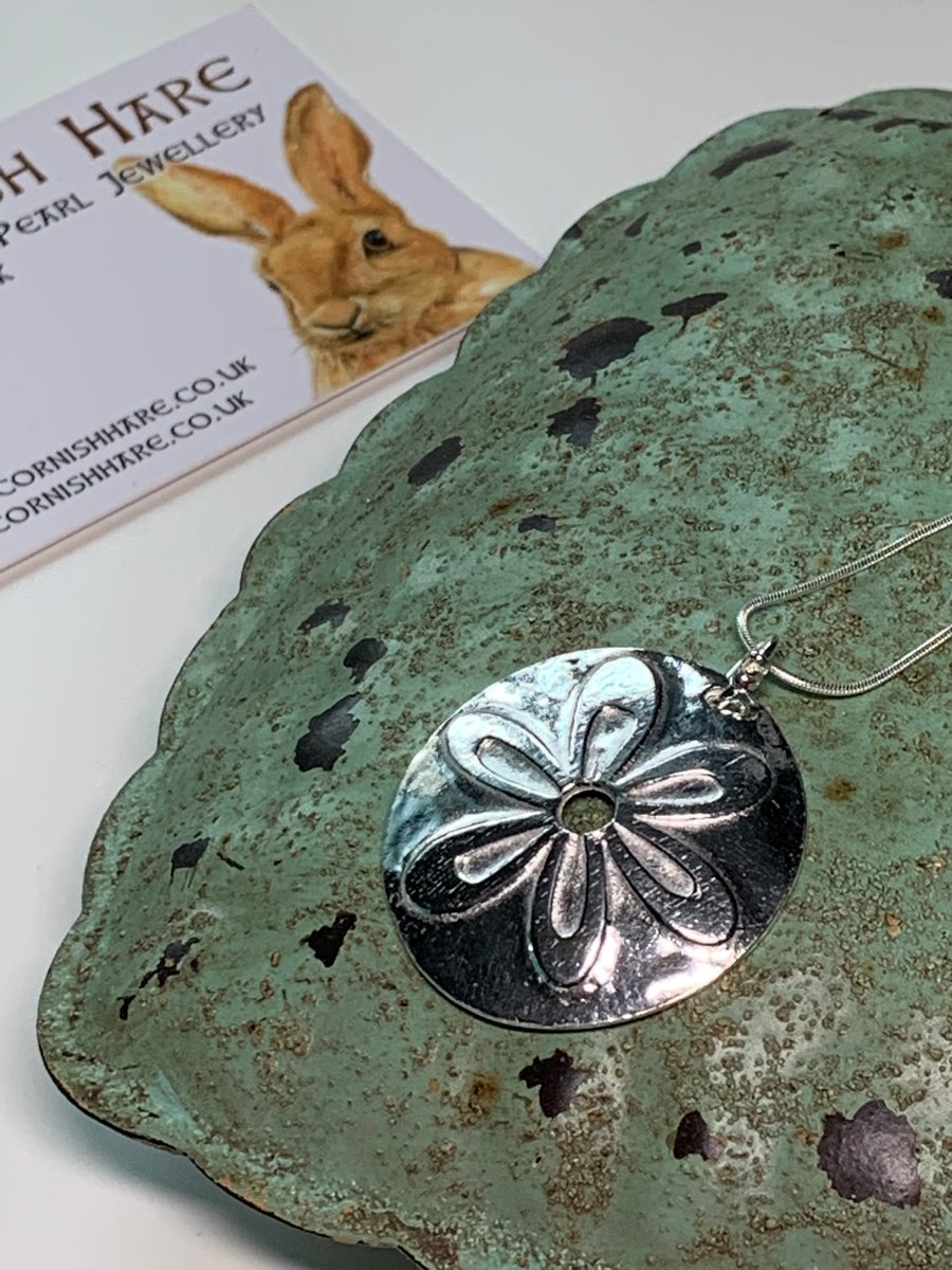 Handmade Fine Silver Flower design Pendant -  with sterling silver chain FREE UK