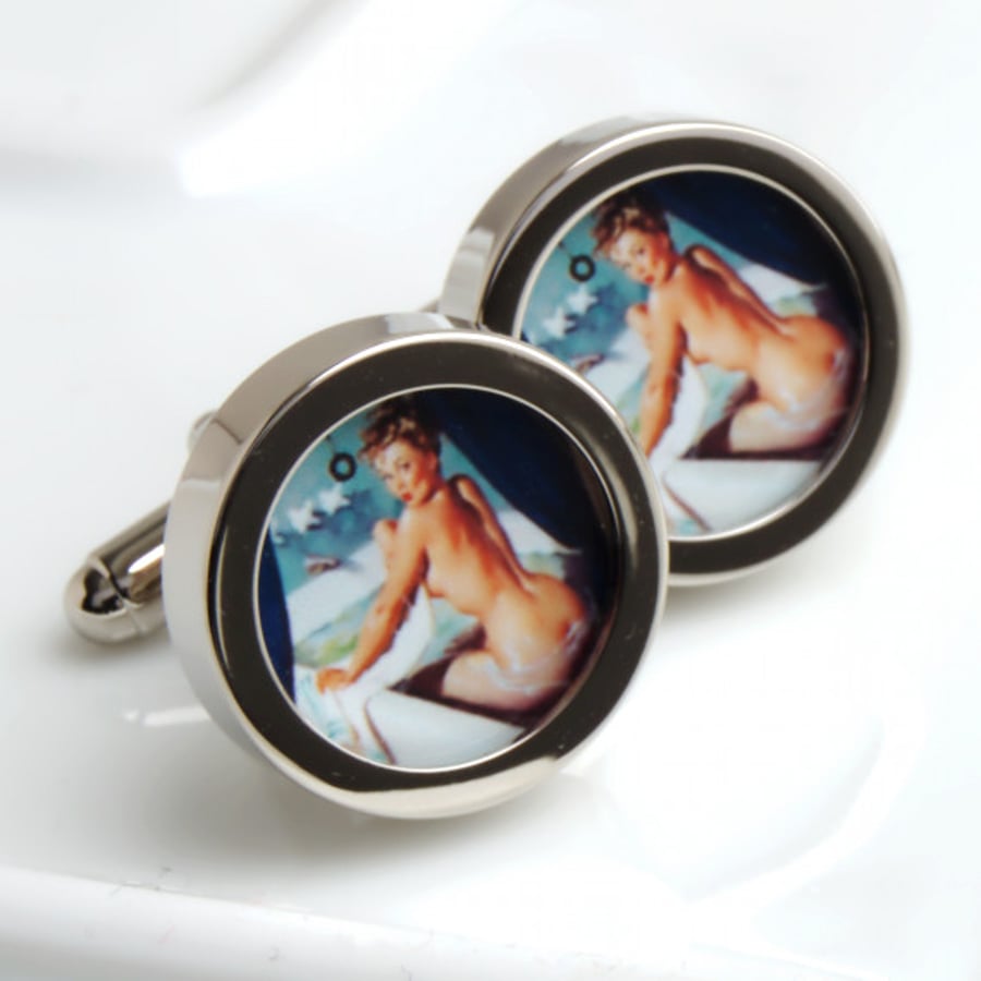  Vintage Erotic Pin Up Cufflinks of Blonde Beauty Bathing