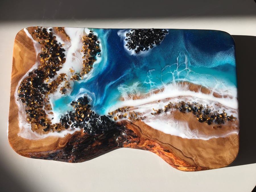 Abstract seaside, wall hanging, olive wood, resin, tiger eye , crushed glass 