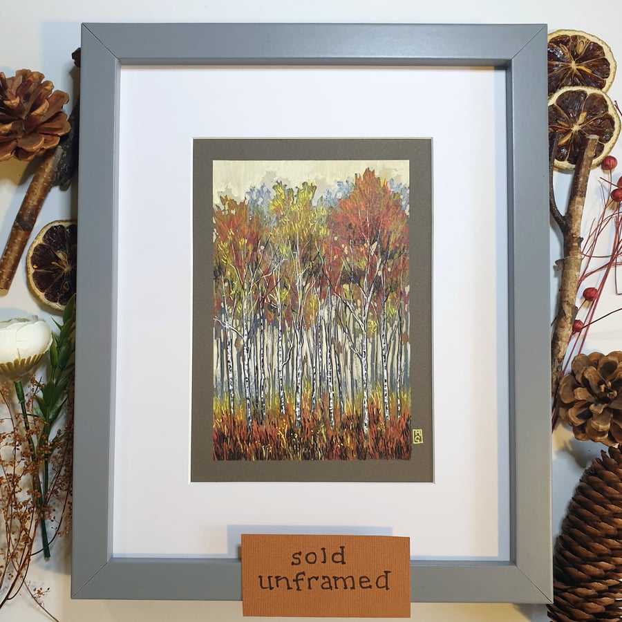 Autumn Aspen Trees original artwork, small landscape drawing