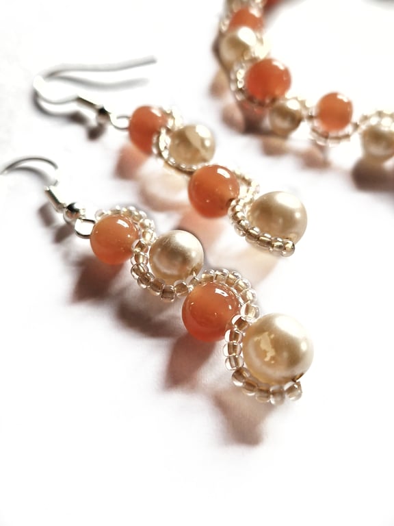 Soft orange, pearl and champagne beaded bracelet and earring set