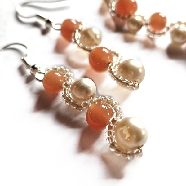 Soft orange, pearl and champagne beaded bracelet and earring set
