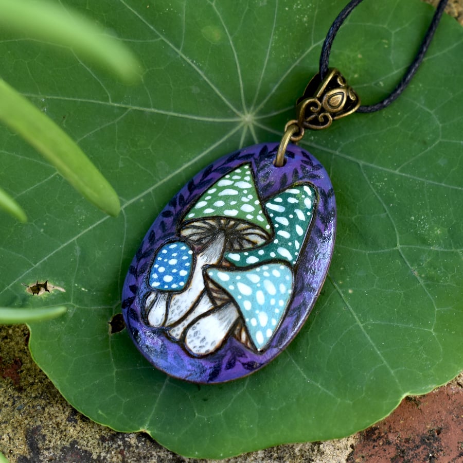Forest Fungi Pendant. Pyrography with colour teardrop necklace.