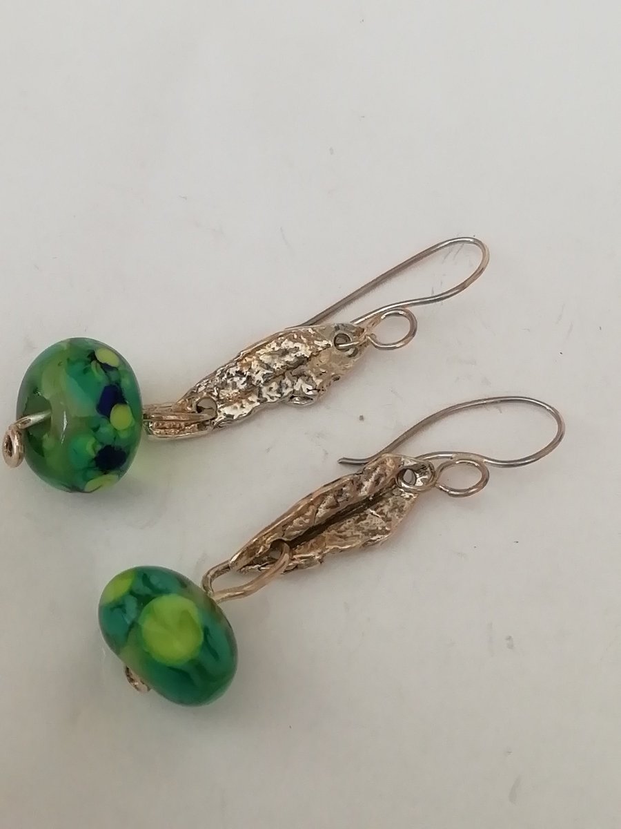 Silver Leaf Earrings With Glass Bead Drop