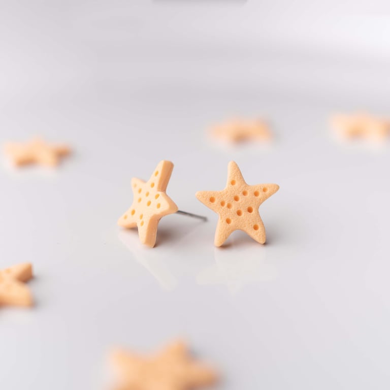 Orange Starfish Stud Earrings: Handmade Polymer Clay, Summer Jewelry