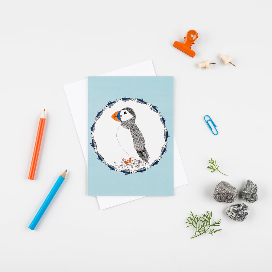 Puffin and herring greetings card