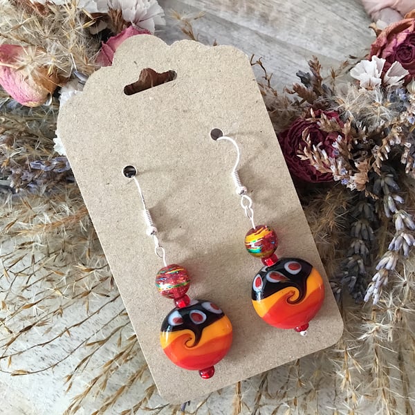 Beautiful Red, Orange & Black Lampwork Glass & Red Acrylic Bead Earrings