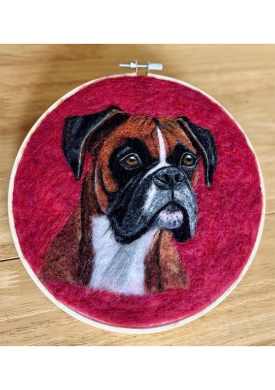 Needle Felted Boxer Dog Portrait in Embroidery Hoop