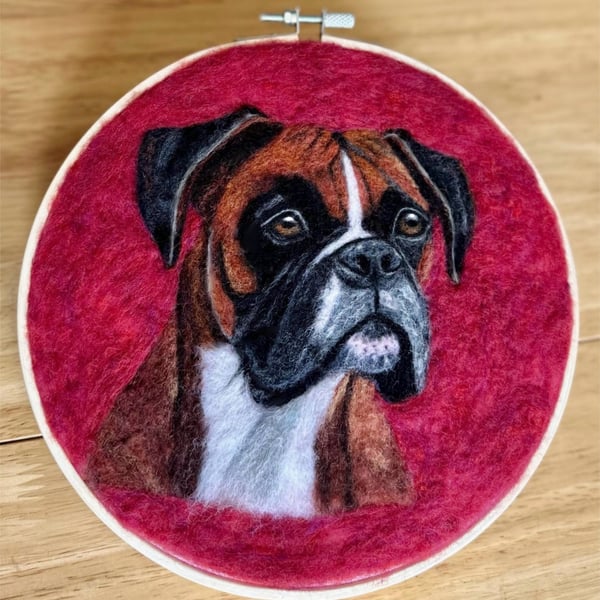 Needle Felted Boxer Dog Portrait in Embroidery Hoop