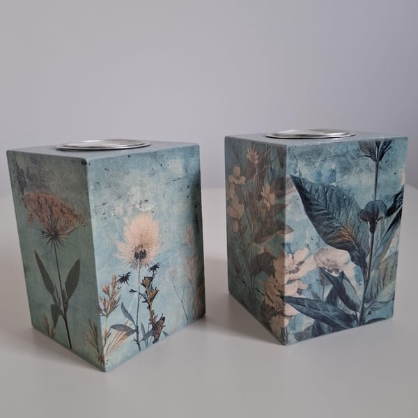 Handmade Decoupage Tea Light Holders Distressed Teal & Wildflower Pattern