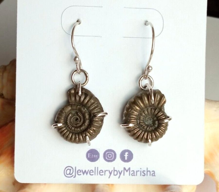 Pyrite Fossil Earrings Ammonite Sterling Silver Jewellery Gift Dangle Drop