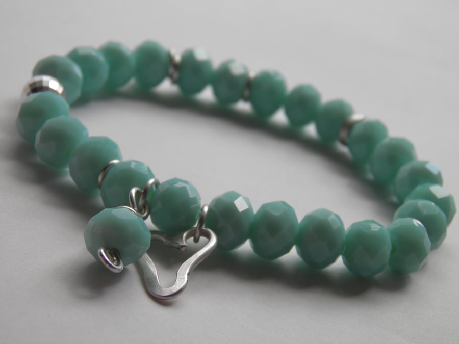 Mint Green Bead Bracelet with Sterling Silver Heart Charm