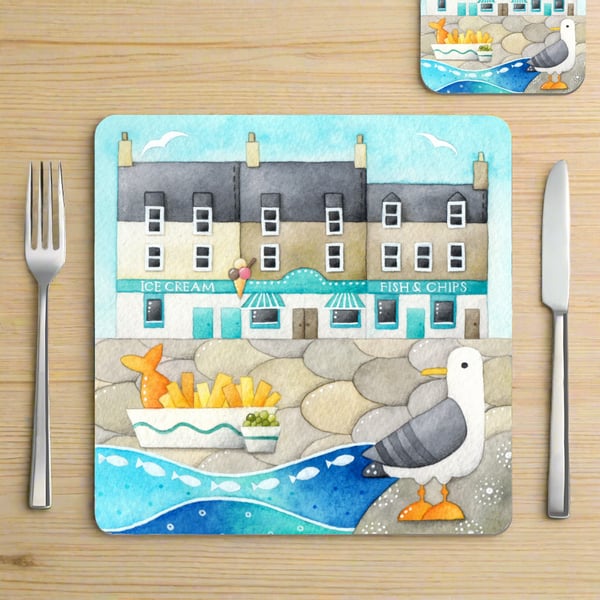 Placemat - Seagull and Fish and Chips, East Neuk. Seaside Coastal Table Mats.