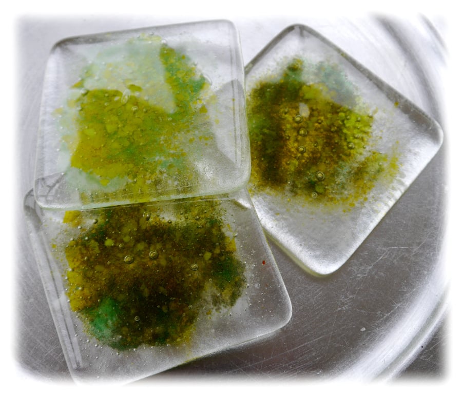 2 Fused Glass Coasters Frit Decorated Green