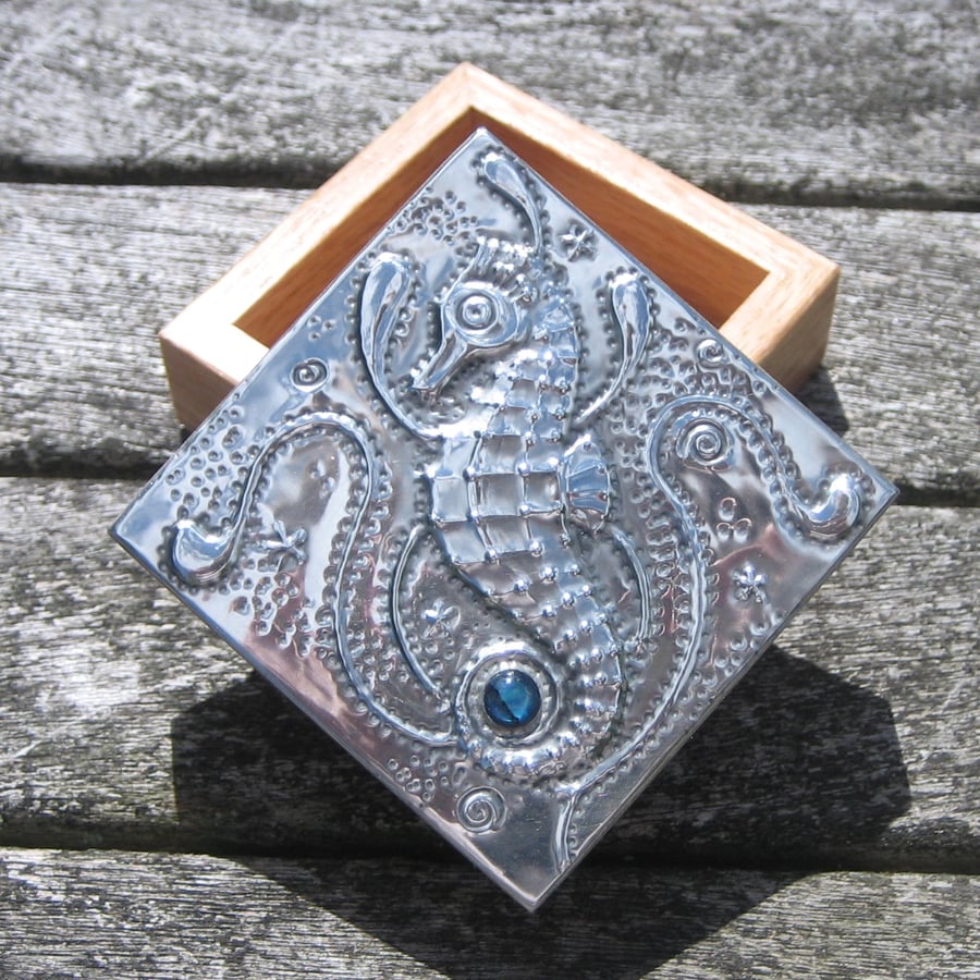 Seahorse and Blue Shell Box Handmade in Pewter