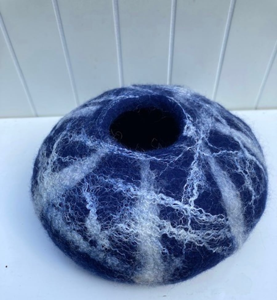Felted "blue and white marble" wool bowl.